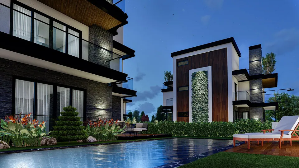 Kızılelma Sarımeşe — akşam, havuz başı villa görünümü