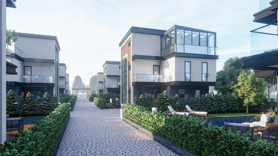 Tasarım — Kızılelma Sarımeşe — villa cephesi ve cam çatılı teras