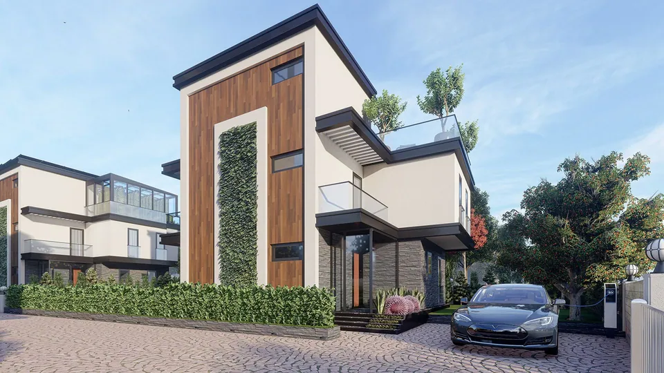 Kızılelma Sarımeşe — villa cephesi, ahşap ve taş doku