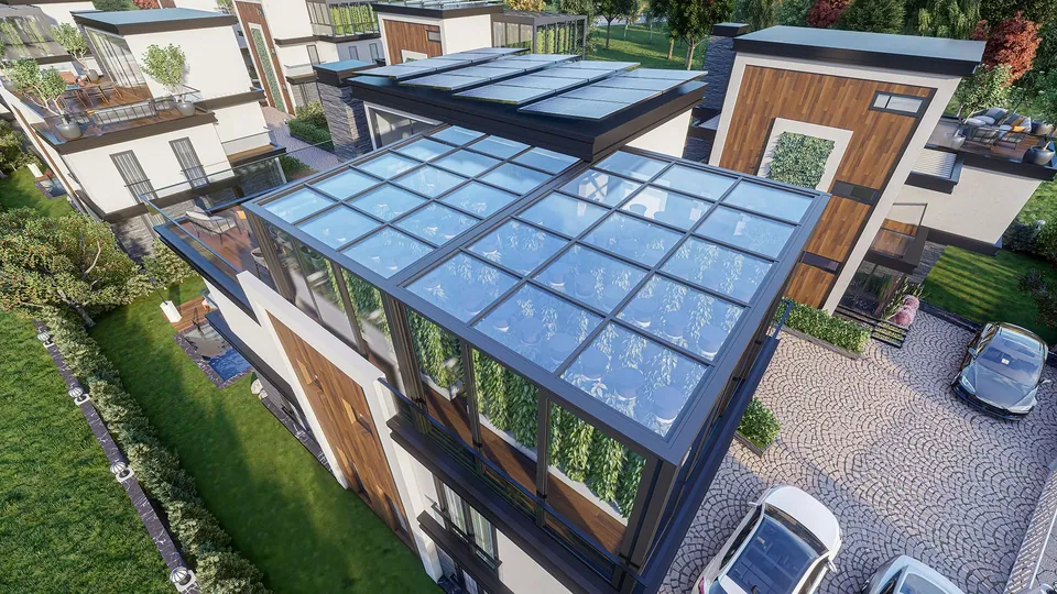 Kızılelma Sarımeşe — kuşbakışı villa terası