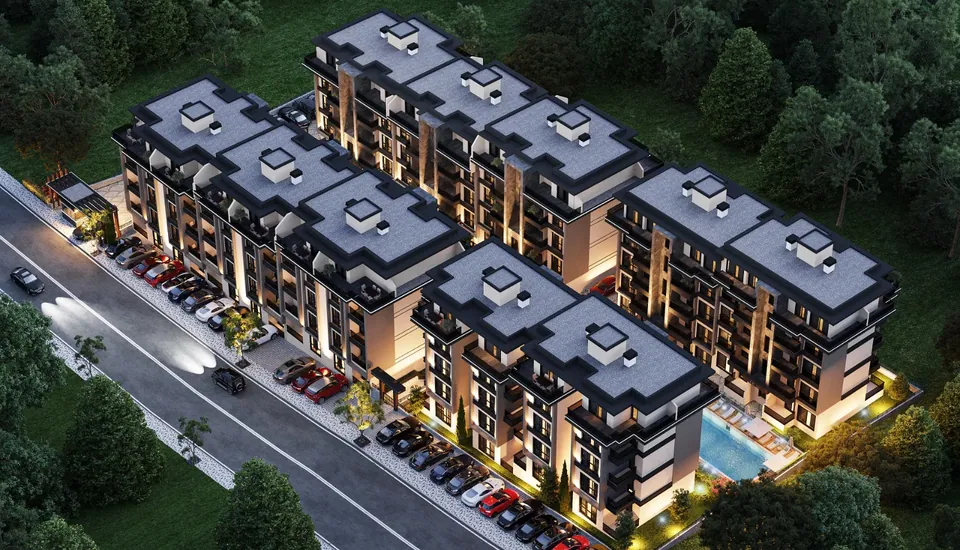 Serenity Town — gece kuşbakışı görünüm, havuz ve bloklar