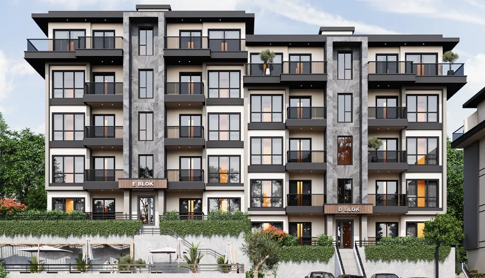 Serenity Town — blok cephesi, taş ve antrasit doku