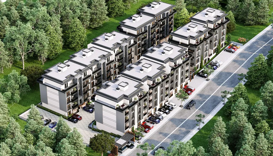 Serenity Town — kuşbakışı bloklar ve otopark