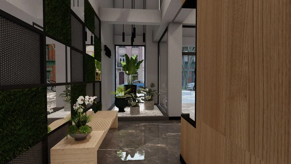 Sukra Park — lobi, yeşil duvar ve oturma alanı