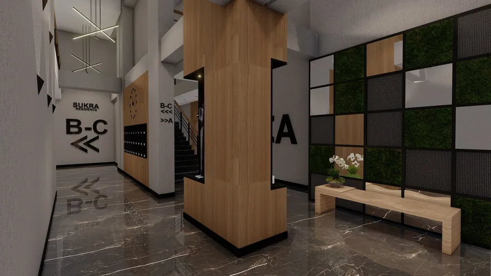 Sukra Park — lobi yönlendirme ve ahşap doku