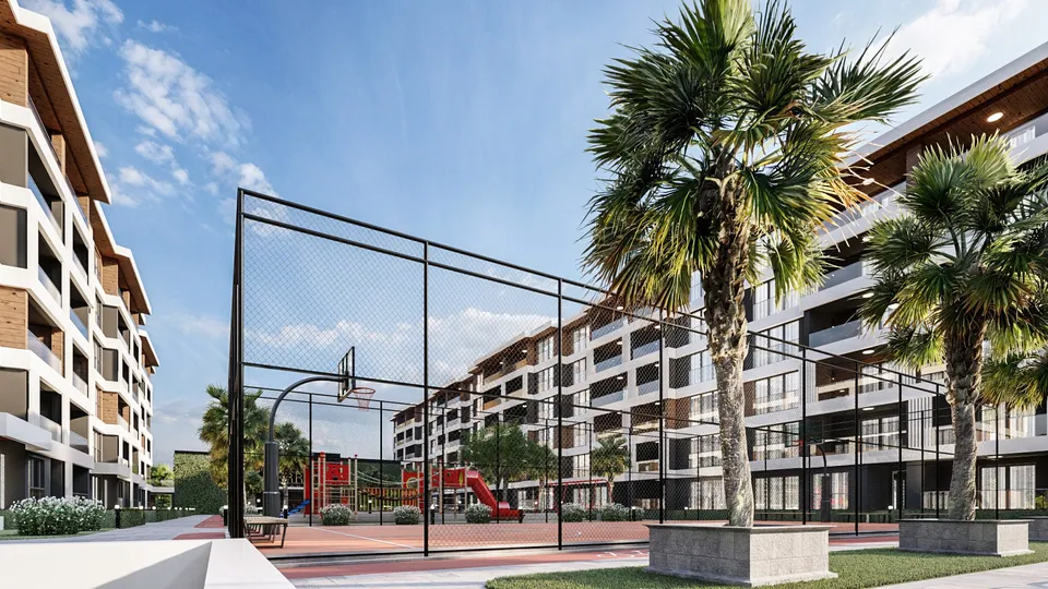 Terrace Yk — basketbol sahası ve palmiyeler