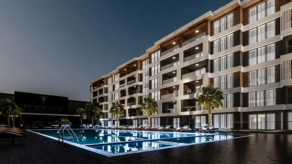 Terrace Yk — gece havuz görünümü